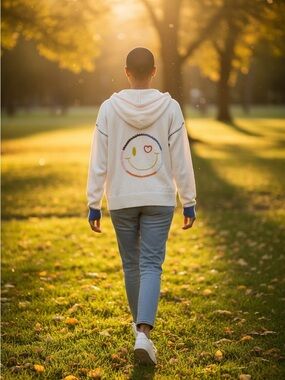 Women White Hoodie Jacket with Orange Trim and Blue Cuffs